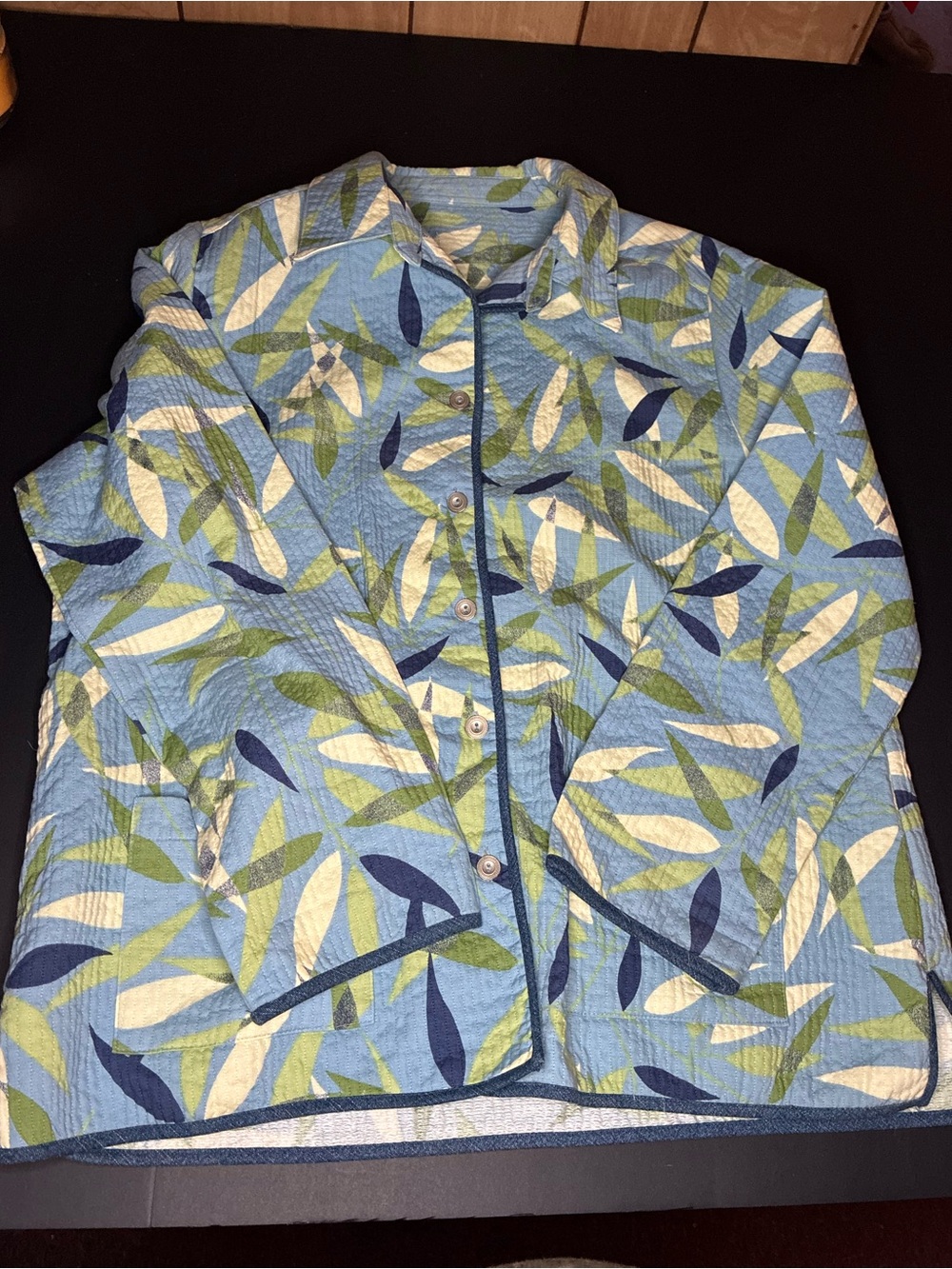 Light Blue Leaf-Print Quilted Jacket